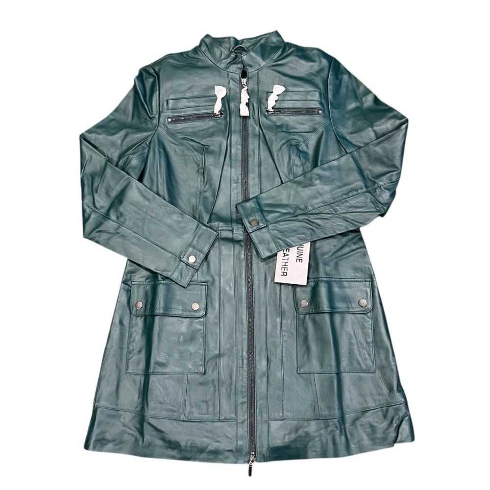 Metrostyle Green Leather Jacket Coat Long Trench A-line Glossy Women’s Size 10 - Picture 2 of 14